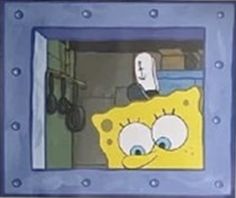 spongebob looking out the window with his eyes wide open