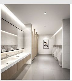 a bathroom with two sinks and three urinals