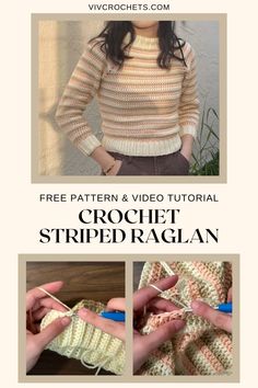 Striped Raglan Sweater, Crochet Sweater Pattern, Raglan Sweater, Sweater Crochet, Pink And Brown, Pattern Tutorial, Sweater Crochet Pattern, Half Double Crochet