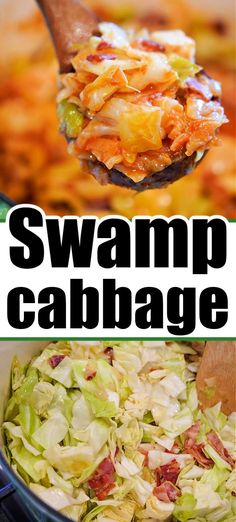 the words swamp cabbage are in black and white, with an image of a spoon full of