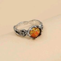 Vintage-Style Ring In An Antique Silver Tone Flower Detailing And A Vine-Like Twist All Around The Ring With A Lovely Red/Orange/Yellow Swirled Center Diameter: 1.8 Cm Size 8 Chosen As A Recent Host Pick! (Thank You To @Avaloncoyote) Vintage Engagement Rings Not Diamond, Topaz Engagement Ring November, Orange Engagement Ring, Orange Rings, Man Rings, Matching Fits, Nick Nacks, Dream Rings, Orange Ring