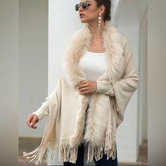 Warm-Hearted Feelings Faux Fur Shawl Super Soft Fabric With Plush Faux-Fur, Creates This Gorgeous Shawl With A Relaxed Silhouette And Fringe Ends. **Length: 75-85cm **Sleeve: 55cm Fur Collar Cardigan, Faux Fur Shawl, Winter Trousers, Wide Leg Pant Suit, Knitwear Outfit, Leg Pants Outfit, Solid Color Sweater, Fur Shawl, Poncho Style