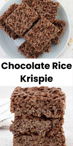 chocolate rice krispie treats stacked on top of each other with the words, chocolate rice krispies