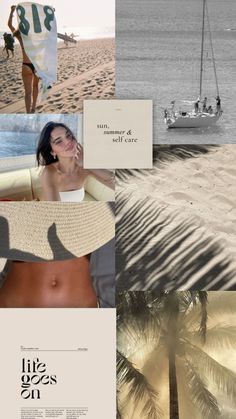 a collage of photos with people on the beach