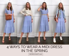 Midi Dress With Shirt Over, Spring 2023 Looks, Shoes To Wear With Midi Dress, One Dress Multiple Outfits, Styling A Midi Dress, Dresses With Flats, Layered Dress Outfit, Midi Dress With Sneakers, Spring Midi Dress