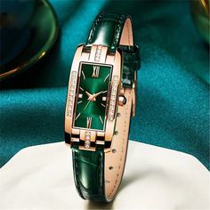 Women Diamond Watch Green Retro Leather Strap Jewelry – Genuine-Gemstone Rectangle Watch, Casual Leather Belt, Red Watch, Small Watch, Clock Gift, Simple Leather, Womens Watches Luxury, Luxury Diamonds, Watches Women Fashion