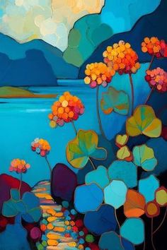 an abstract painting of flowers and rocks by the water