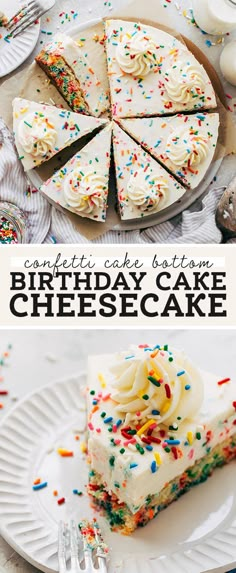 birthday cake cheesecake with white frosting and sprinkles