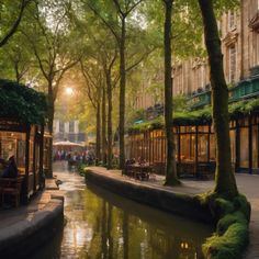 people are sitting at tables on the edge of a canal in an urban area with trees and buildings