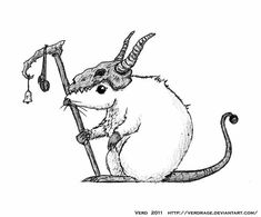 a drawing of a rat with horns on it's head holding a scooter