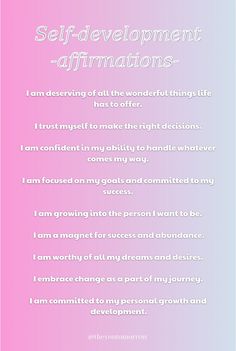 a pink and blue poster with the words self - development affirmations