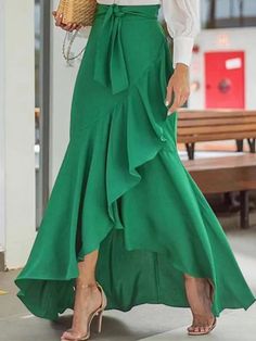 Bandage Falbala Solid Color Split-side Irregular clipping Skirts Bottoms Ruffle Long Skirt, Womens Skirt Outfits, Maxi Skirts Summer, Long Skirt Fashion, High Waist Long Skirt, Maxi Rok, Rock Outfit, Fishtail Skirt, Skirt Maxi