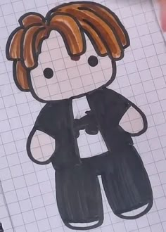 a drawing of a person with blonde hair and black shirt holding a banana in his hand