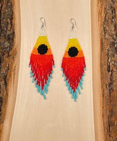 Sunset Beaded Earrings with Fish Hook Backs. Color Beads : Multi-Color  Length : 4.3 inches Multicolor Hand-strung Dangle Earrings, Indigenous Earrings, Native Earrings, Native Beadwork, Earrings Indian, Color Beads, Indian Earrings, Handcrafted Earrings, Seed Bead Earrings