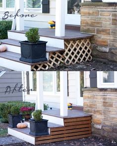 the steps are made out of wood and have planters on each step, along with potted plants