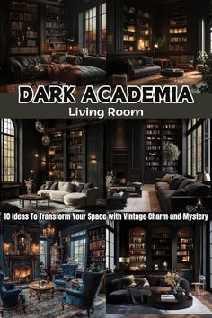 the dark room is filled with books and furniture