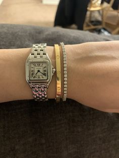 Cartier Watch And Bracelet Stack, Cartier Love Bracelet With Watch, Cartier Watch Stack, Bracelet And Watch Stacking, Watch And Bracelets How To Wear, Watch Stacked With Bracelets, Cartier Watch Aesthetic, Cartier Love Bracelet Stack, Cartier Watch Women