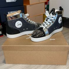 Men’s Black/Silver/White Christian Louboutin Sneakers. Great Condition. Silver Sneakers With Perforated Toe Box, Luxury Silver Leather Sneakers, Luxury Silver Custom Sneakers, Luxury High-top Custom Sneakers With Perforations, Designer High-top Custom Sneakers With Perforated Toe Box, Louboutin Sneakers, Christian Louboutin Sneakers, Louboutin Shoes, Shoes Men