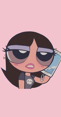 a cartoon character holding a cell phone up to her ear and staring at the camera