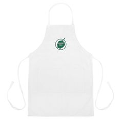 a white apron with green logo on it