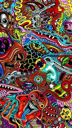 an abstract painting with lots of different colors and patterns on it's surface, including fish