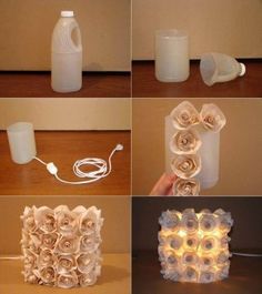 the instructions for how to make an origami lamp with paper flowers and buttons