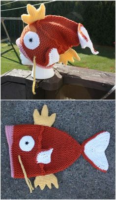 crocheted fish hat with ears and tail made to look like an adult size