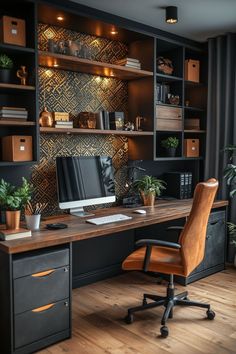 a desk with a computer on top of it in front of a bookshelf