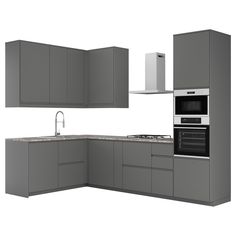 an image of a modern kitchen setting with grey cabinets and stainless steel appliances on white background