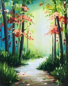 an oil painting of a path in the woods