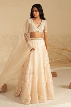 Shop for Zoon Cream Blouse Aari Hand Embroidered Lehenga Set for Women Online at Aza Fashions Lengha Blouse Designs, Lehenga Top, Cancan Lehenga, Sheer Dupatta, Simple Lehenga, Indian Outfits Lehenga, Organza Lehenga, Aari Blouse, Lehenga Designs Simple