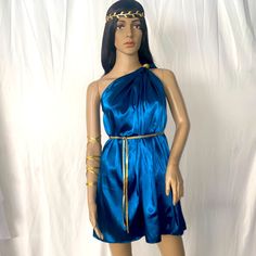 Greek Goddess Toga Is Made Of Soft Satin Fabric. Goddess Toga Comes With The Dress Long Gold Belt Two Arm / Leg Wraps And A Gold Leaf Crown. Other Colors Available Upon Request. Blue Satin Dress For Costume Party, Elegant Blue Mini Dress For Costume Party, Greek Toga, Toga Dress, Gold Leaf Crown, Leg Wraps, Leaf Crown, 2024 Halloween, Gold Belt