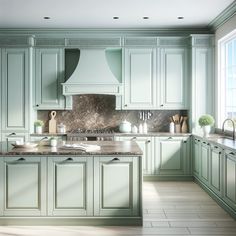 a kitchen with green cabinets and marble counter tops