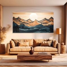 a living room filled with furniture and a painting on the wall