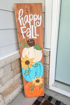 Looking for rustic fall porch decor and wooden fall porch leaners?  Join our porch leaner club and get painted porch decor for every season like this happy fall porch sign!  Fall porch decorating ideas have never been easier, join the porch leaner club and get porch decor delivered to you seasonally!  Join now to receive these outdoor fall decorations and create a colorful front porch for fall! Fall Painted Wood Signs, Front Porch Pallet Ideas, Fall Porch Board Ideas, Easy Diy Porch Decor, Fall Signs For Porch, Fall Front Porch Decor Ideas Farmhouse Rustic, Outdoor Wooden Signs Diy, Wood Painting Ideas Diy Wooden Signs Front Porch, Christmas Porch Leaner Ideas