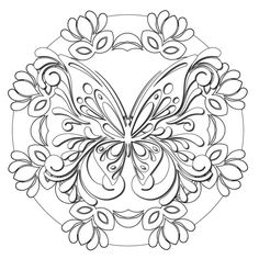 an intricately designed butterfly in the center of a circular frame with leaves and flowers