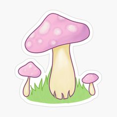 a pink mushroom sticker sitting on top of a green grass covered field with two mushrooms