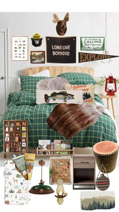 a bedroom with green and white plaid bedspread, wooden nightstands, pictures on the wall