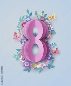 the number eight is surrounded by flowers and butterflies on a light blue background with green leaves