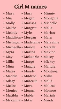 a pink poster with the names of girls names in black and white, against a light pink background