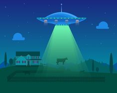 an alien spaceship flying over a house in the middle of a field at night time