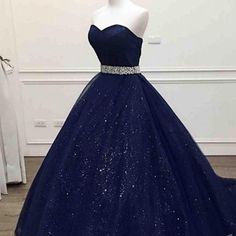 Dark Blue Tulle Sweetheart Sequins Floor-length Ball Gown Dress,P532 on Luulla Sweetheart Evening Dress, School Event Dress, Blue Ball Gowns, Strapless Prom Dresses, 16 Dress, Beaded Tulle, Tulle Ball Gown, Sweet 16 Dresses, Quince Dresses