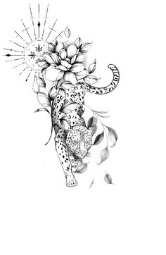 a black and white drawing of a leopard with flowers on its head, in the air