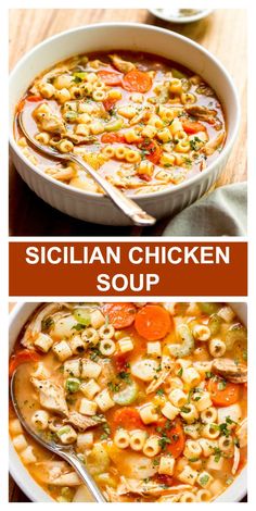 two pictures with different types of soup in them and the words sicilian chicken soup on top