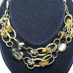 2 Large Link Brass Chains Interspersed With Crystals Make Up This European Designed Necklace. 17 1/2-20". Lobster Clasp. Elegant Necklaces With Lobster Clasp For Accessorizing, Formal Gold Jeweled Chain Necklace, Formal Double Strand Metal Jewelry, Formal Double Strand Beaded Chain Necklaces, Formal Double Strand Beaded Chain Necklace, Double Strand Costume Jewelry, Gold Metal Necklace For Accessorizing, Costume Jewelry Double Strand Beaded Necklace, Double Strand Beaded Chain Costume Necklace