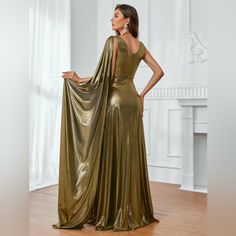 Golden Goddess Gown With Long Shoulder Train, Zipper In Back With Empire Waist Along, Size 12 (Xl) Very Flowy Chiton Dress, Greek Dress Goddesses, Ethereal Dress Goddesses, Dress For Banquet, Greek Dress, Cocktail Dress Elegant, Cold Shoulder Sweater Dress, Goddess Gown, Ethereal Dress