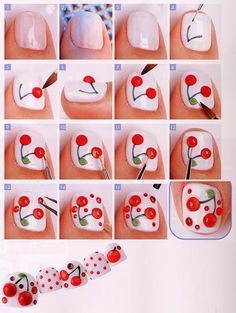 diy nail art - cherry design Nailart Tutorial, Cherry Nail Art, Fruit Nail Designs, Fruit Nail Art, Tattoo Henna, Cherry Nails