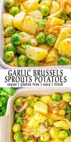 two images showing different types of potatoes and brussels sprouts in a casserole dish