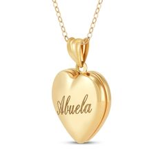 Your Abuela will love and forever treasure this darling heart locket. 10K yellow gold The heart locket features "Abuela" engraved in a beautiful script font Opens to reveal space for a pair of small photos or mementos 16- to 18-inch adjustable cable chain with spring ring clasp 14k Gold Locket Necklace For Anniversary, Personalized Yellow Gold Locket Necklace For Anniversary, 14k Gold Heart Charm Locket Necklace For Anniversary, 14k Gold Locket Necklace With Heart Charm For Anniversary, Anniversary Heart Charm Locket Necklace In Yellow Gold, Valentine's Day Yellow Gold Locket Necklace For Anniversary, Heart Cut Locket Necklace For Mother's Day Anniversary, Heart Cut Locket Necklace For Anniversary And Mother's Day, Anniversary Yellow Gold Locket Necklace With Heart Charm