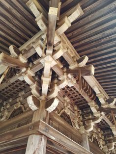 the roof is made out of wood and has many pieces of wood attached to it